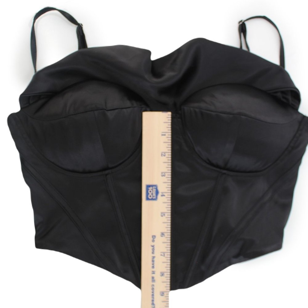 Black Satin Corset Bustier Top L Boned Padded Drape Cowl Neck Stretch Adj. Strap - Picture 12 of 15